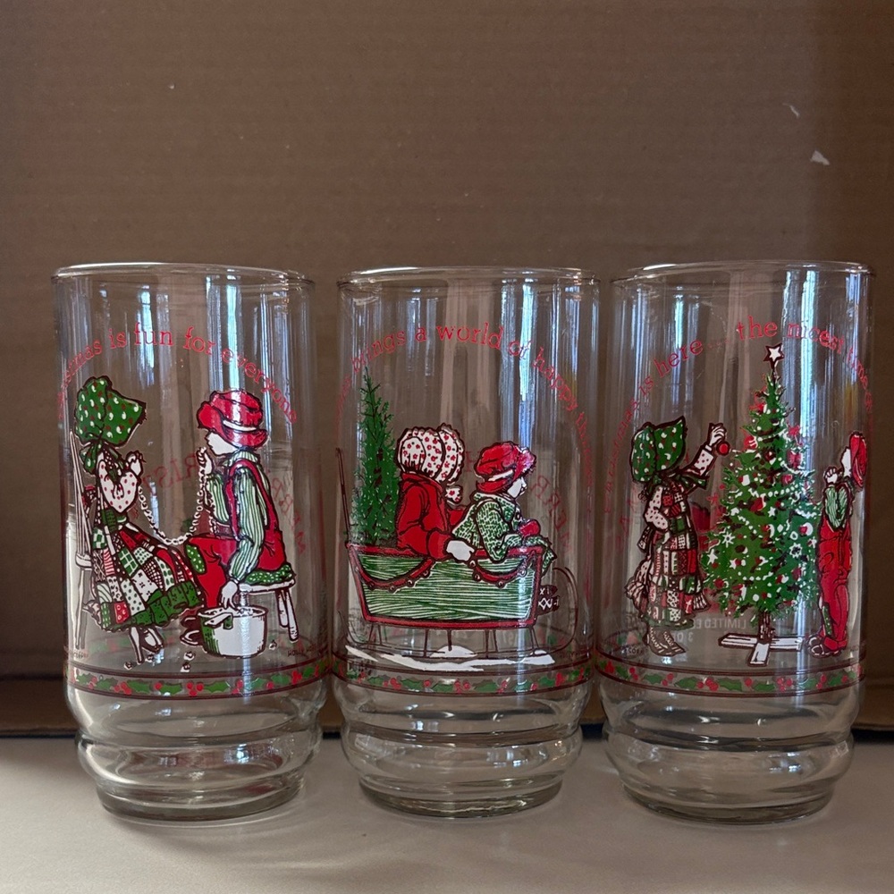 Vintage Holiday Glasses with “holly hobbie” Print - Set of 3